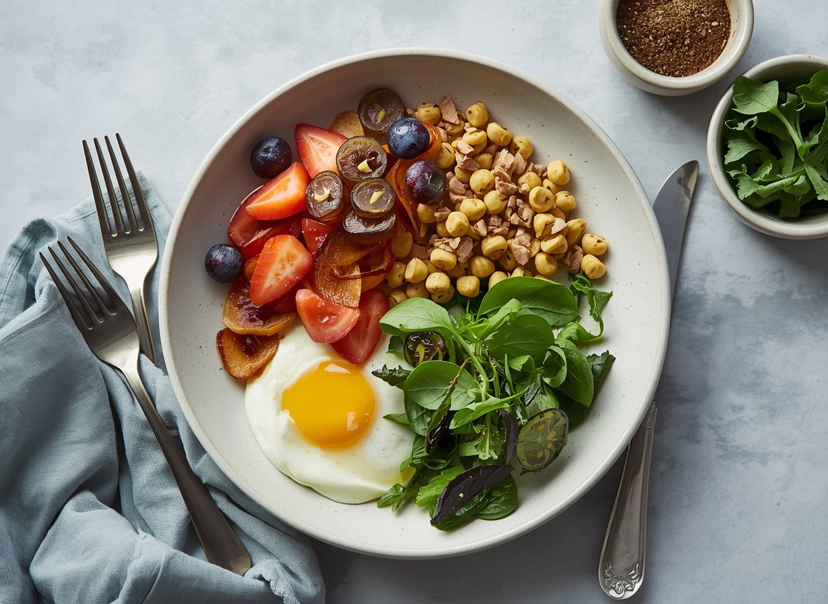 Stylized calm bowl illustration with cyan accents representing a light meal
